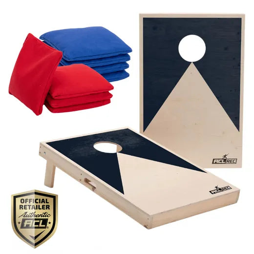 Cornhole set with bags on the board