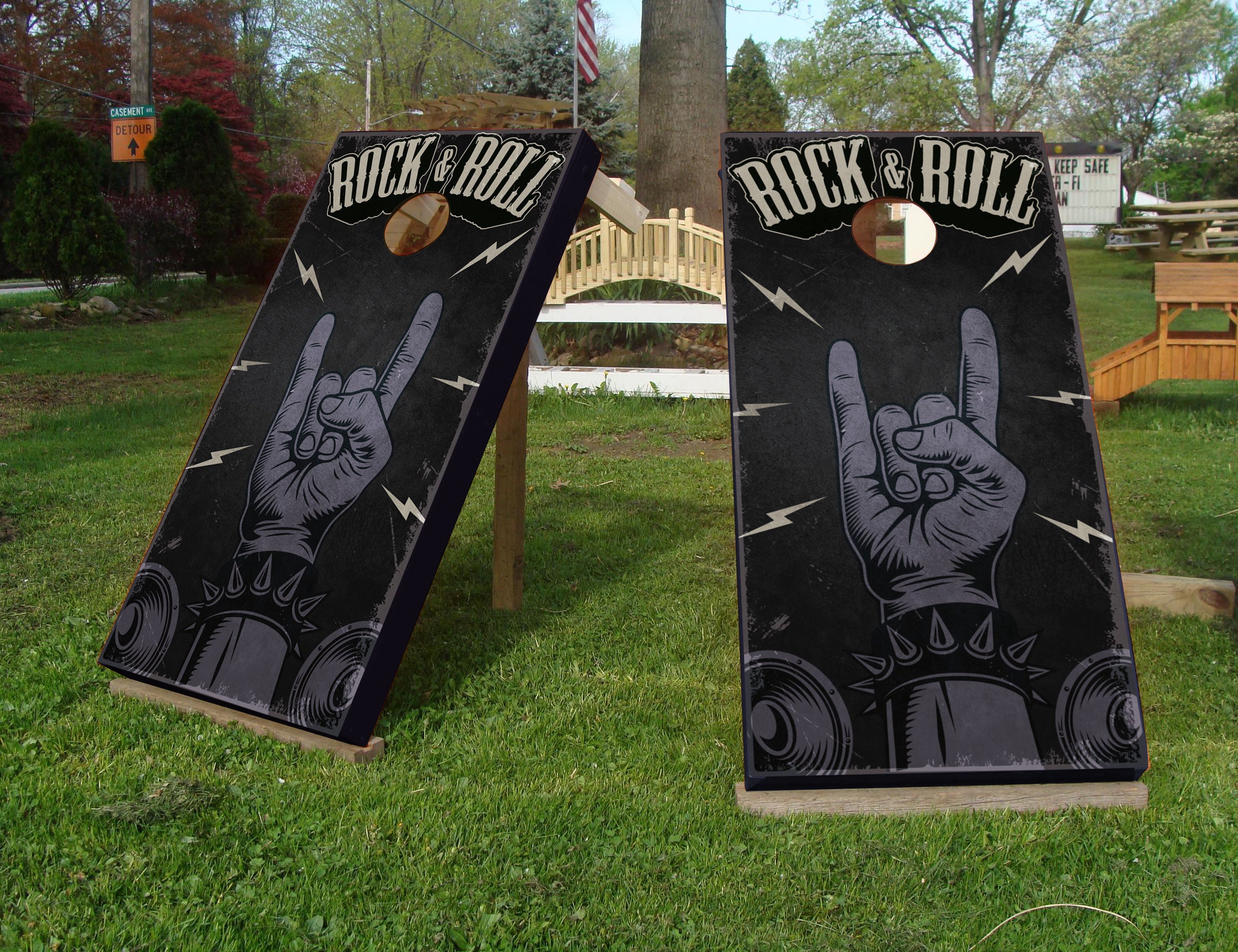 Rock 'n' Roll themed cornhole set